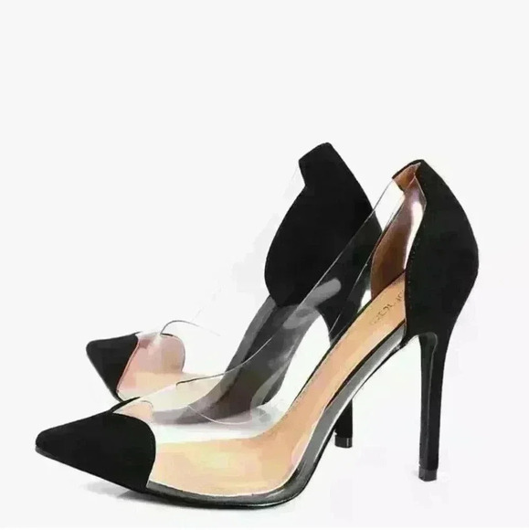 NIB Boohoo Ivy Clear Side Heart Detail Black Faux Suede Courts Heels - Picture 3 of 5